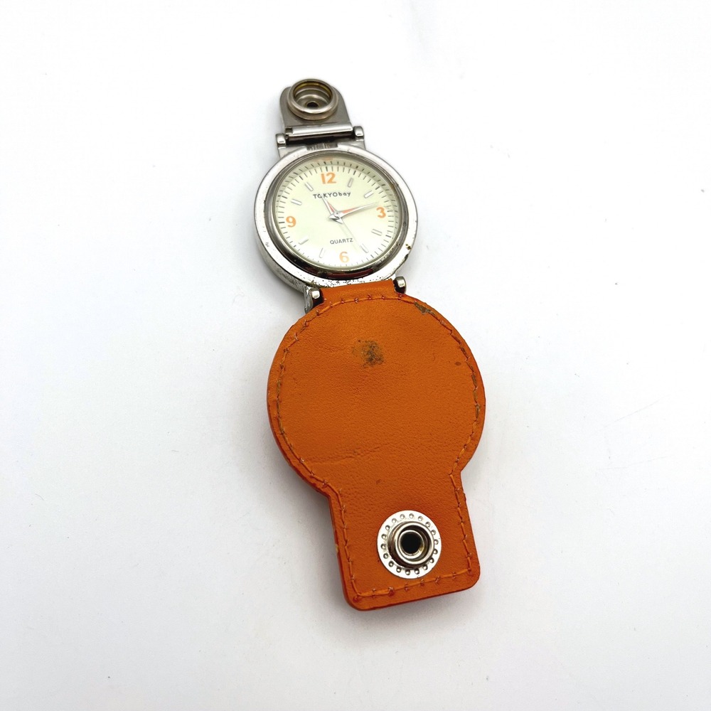 TOKYObay Orange Leather Clip-On Fob Watch Silver Tone Quartz Analog 32.5mm